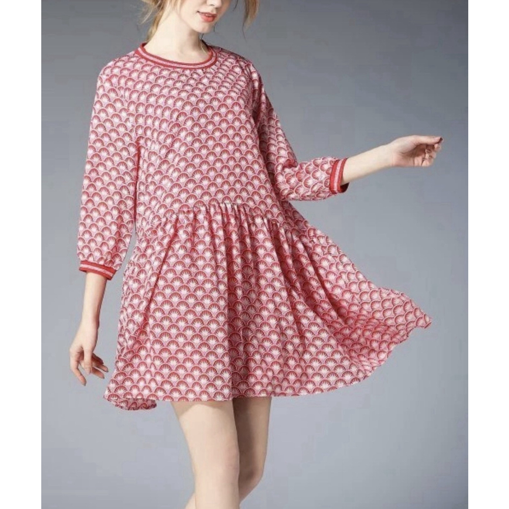 Jian Ruyi Arabesque Tiered Hem Shift Dress Size XL Anthropologie Boho Geometric